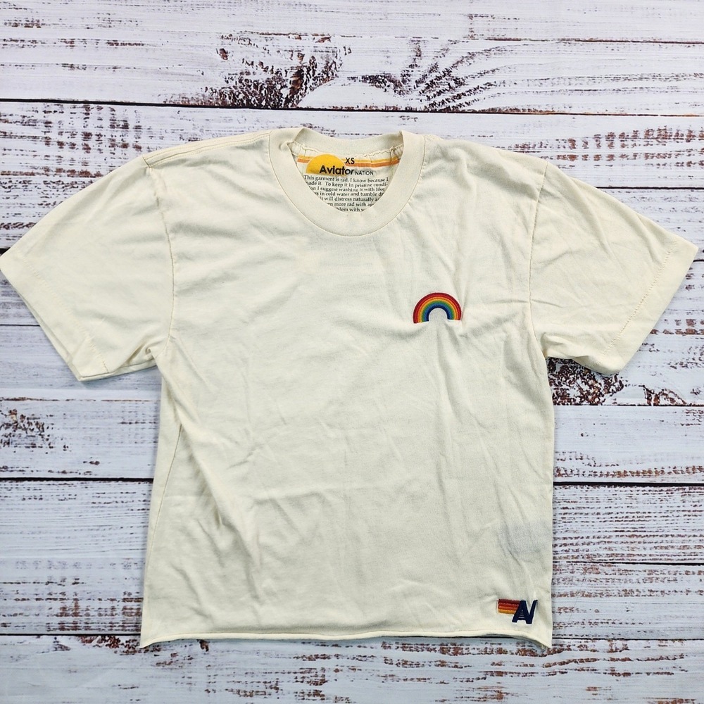 Aviator Nation Rainbow Embroidered Raw‎ Hem T-Shirt Cream White XS Womens
